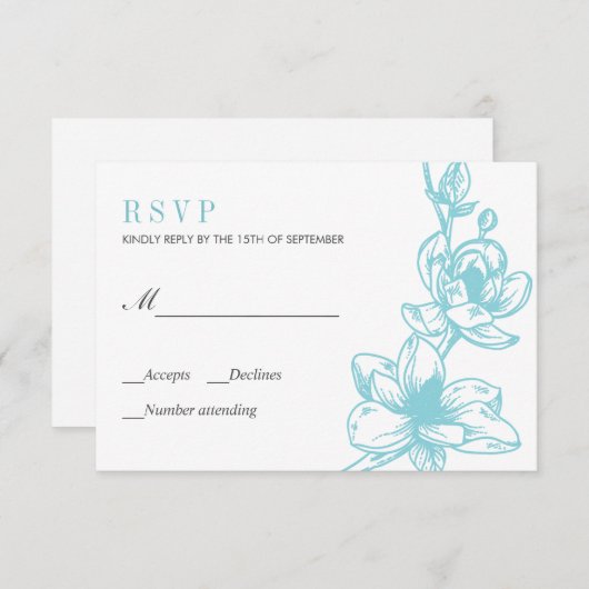 Pale blauw | Magnolia Bloemen Bloemen | Bruiloft R RSVP Kaartje (Voorkant / Achterkant)