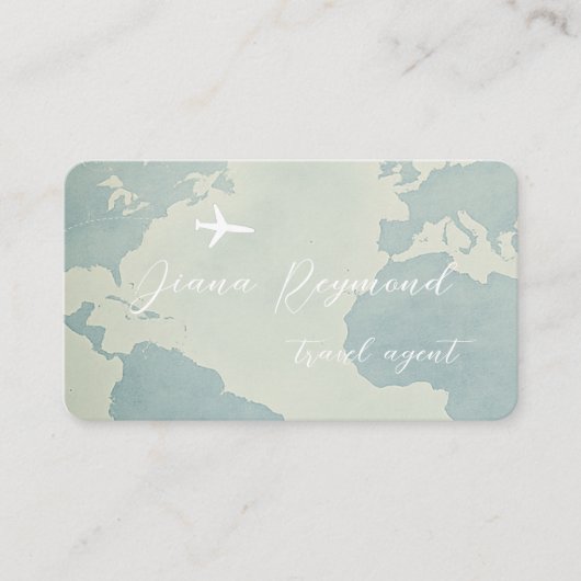Pale Blue Business Card with World Map and Plane Visitekaartje (Voorkant)