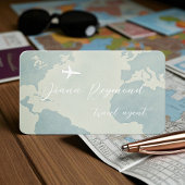 Pale Blue Business Card  with World Map and Plane Visitekaartje
