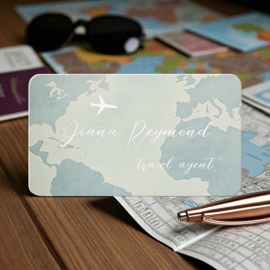 Pale Blue Business Card  with World Map and Plane Visitekaartje