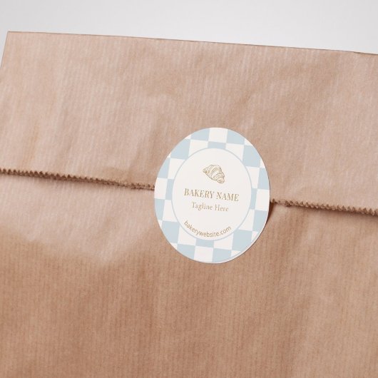 Pale Blue Checkered Cafe Croissant Bakery Ronde Sticker