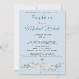 Pale Blue Floral Watercolor Cross Baptism Kaart