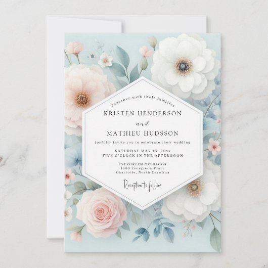 Pale Blue Floral Whimsy Wedding Kaart (Voorkant)