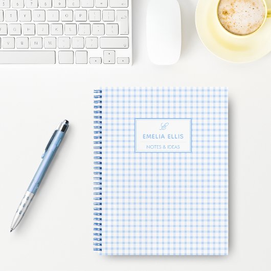 Pale Blue Gingham Grandmillennial Monogram Name Notitieboek