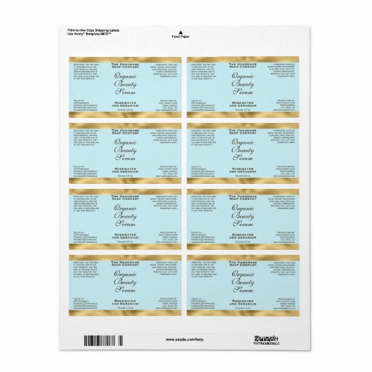 Pale Blue & Gold Cosmetics Dropper Bottle Label (Full Sheet)