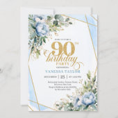 Pale blue gold floral blend fancy 90th birthday  kaart (Voorkant)