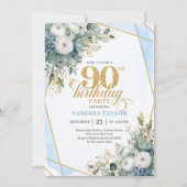 Pale blue gold leaves soft chic 90th birthday  kaart (Voorkant)