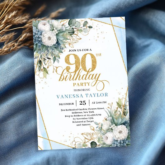 Pale blue gold leaves soft chic 90th birthday  kaart