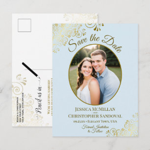 Pale Blue & Gold Trouw Save the Date Ovale Foto Aankondigingskaart