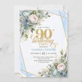 Pale blue gold wreath elegance 90th birthday  kaart (Voorkant)