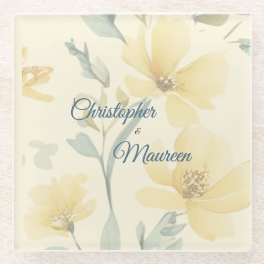 Pale Butter Yellow Soft Blue Floral Wedding Glazen Onderzetter (Voorkant)