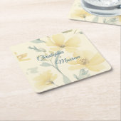 Pale Butter Yellow Soft Blue Floral Wedding Kartonnen Onderzetters (Schuin)