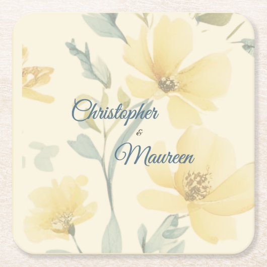Pale Butter Yellow Soft Blue Floral Wedding Kartonnen Onderzetters (Voorkant)
