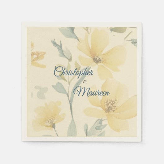 Pale Butter Yellow Soft Blue Floral Wedding Servet (Voorkant)