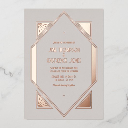 Pale Gray & Rose Gold Gatsby Art Deco Wedding Folie Uitnodiging (Voorkant)