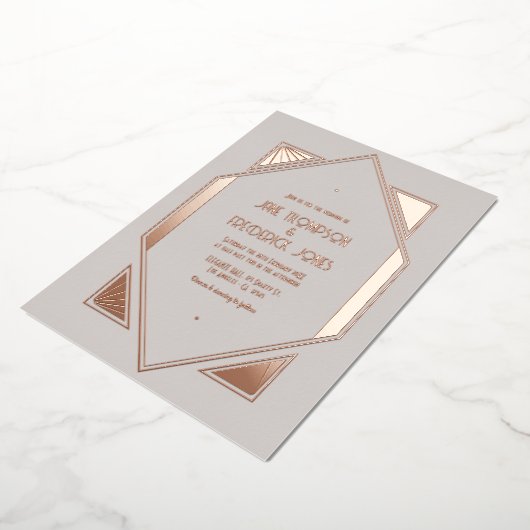 Pale Gray & Rose Gold Gatsby Art Deco Wedding Folie Uitnodiging (Gedraaid)