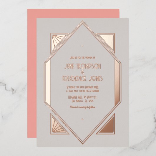 Pale Gray & Rose Gold Gatsby Art Deco Wedding Folie Uitnodiging (Voorkant / Achterkant)