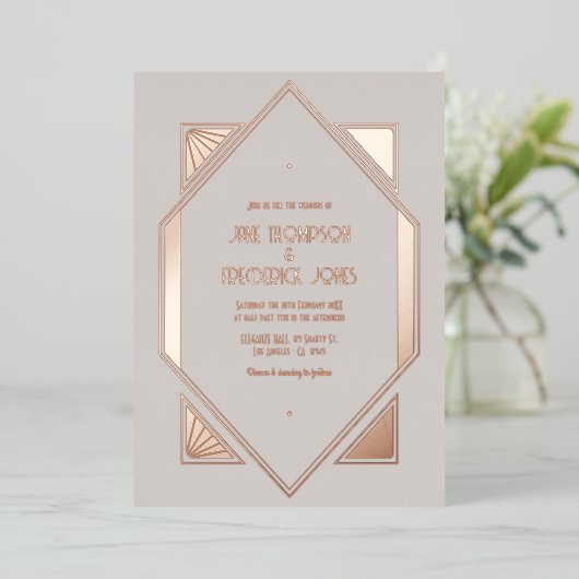 Pale Gray & Rose Gold Gatsby Art Deco Wedding Folie Uitnodiging (Staand Voorkant)