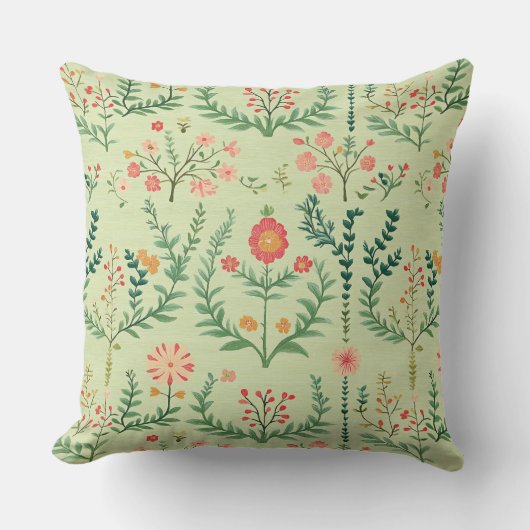 Pale Green Folk Floral Kussen (Voorkant)