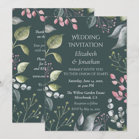 Pale Grey & Red Leaves Custom Wedding Invitation Kaart (Voorkant / Achterkant)