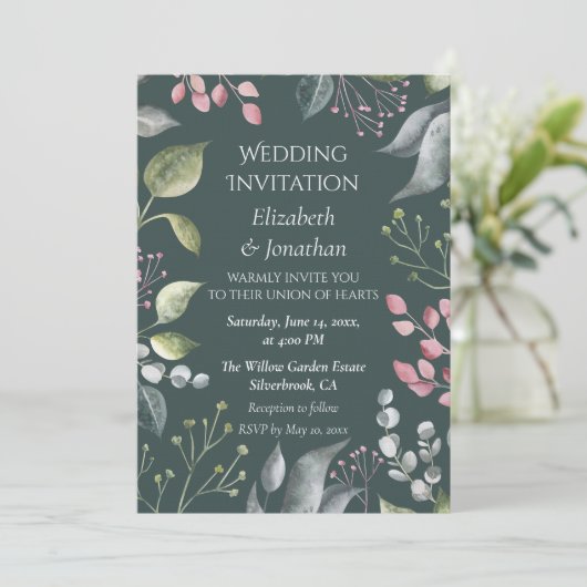 Pale Grey & Red Leaves Custom Wedding Invitation Kaart (Staand voorkant)