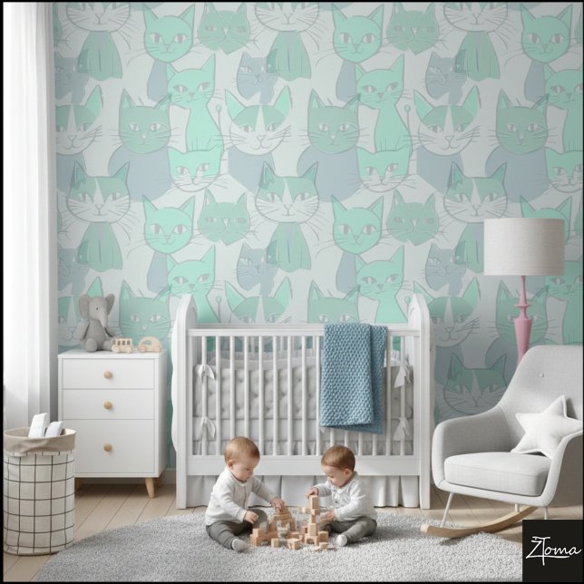 Pale Mint Blue MCM Cat Pattern Behang (Creator heeft geüpload)