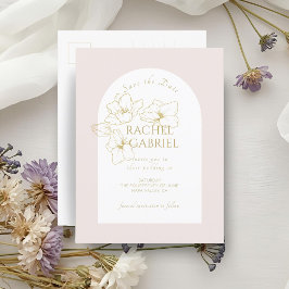 Pale pink | Boho Arch Gouden Bloemen Huwelijk Briefkaart