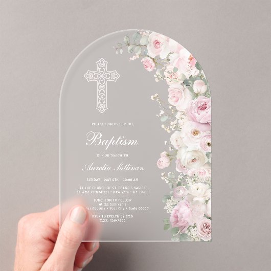 Pale Pink Flowers Arch Baptism Frosted Acryl Uitnodigingen (Insitu (Draagbaar))