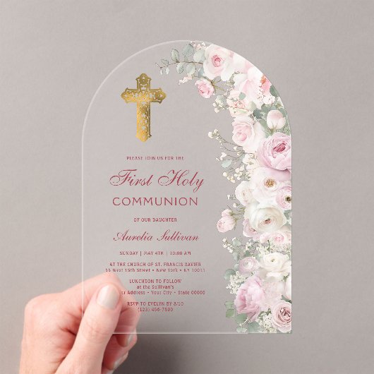 Pale Pink Flowers Arch First Communion Clear Acryl Uitnodigingen (Insitu (Draagbaar))