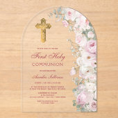 Pale Pink Flowers Arch First Communion Clear Acryl Uitnodigingen (Voorkant)