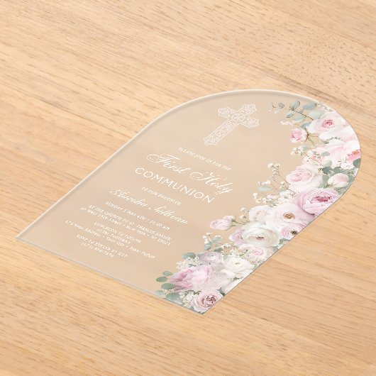 Pale Pink Flowers Arch First Communion Frosted Acryl Uitnodigingen (Laagn)