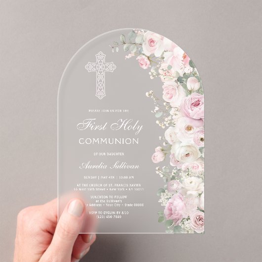 Pale Pink Flowers Arch First Communion Frosted Acryl Uitnodigingen (Insitu (Draagbaar))