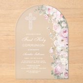 Pale Pink Flowers Arch First Communion Frosted Acryl Uitnodigingen (Voorkant)