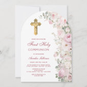 Pale Pink Flowers Arch First Communion Invitation Kaart (Voorkant)
