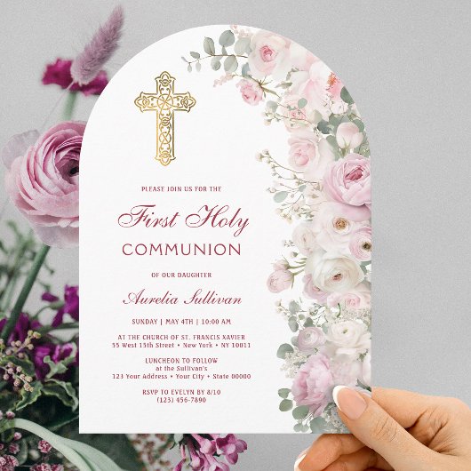 Pale Pink Flowers Arch First Communion Invitation Kaart