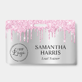 Pale Pink Glitter Drips Silver Shimmer Badge