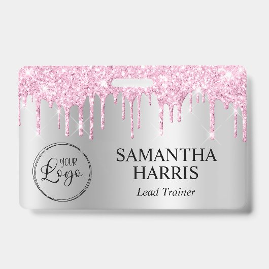 Pale Pink Glitter Drips Silver Shimmer Badge (Voorkant)