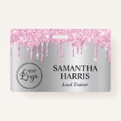 Pale Pink Glitter Drips Silver Shimmer Badge (Voorkant)