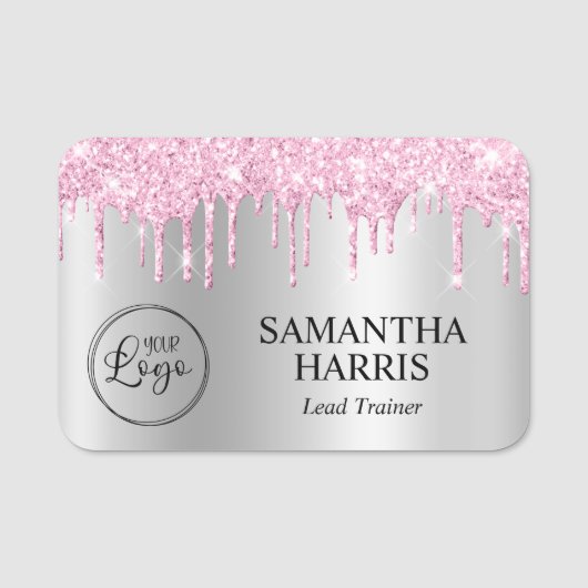 Pale Pink Glitter Drips Silver Shimmer Naamplaatje (Voorkant)