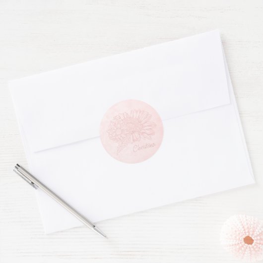 Pale Pink Grunge with Name and Chrysanthemums Ronde Sticker (Envelop)
