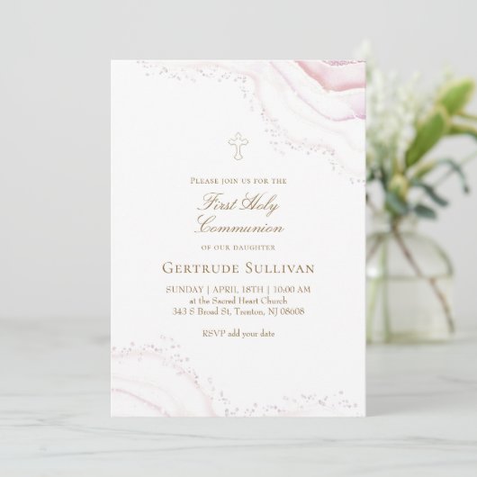 pale pink marble First Holy Communion Kaart (Staand voorkant)