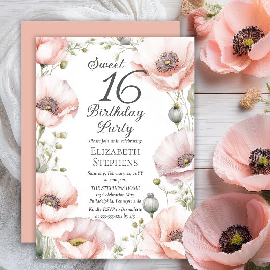 Pale Pink Poppies Floral Sweet 16 Birthday Party Kaart