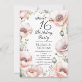 Pale Pink Poppies Floral Sweet 16 Birthday Party Kaart (Voorkant)