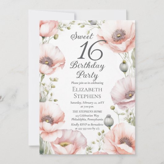 Pale Pink Poppies Floral Sweet 16 Birthday Party Kaart (Voorkant)