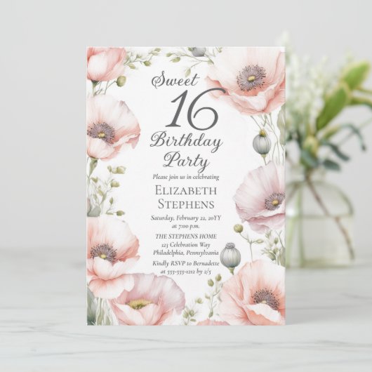 Pale Pink Poppies Floral Sweet 16 Birthday Party Kaart (Staand voorkant)