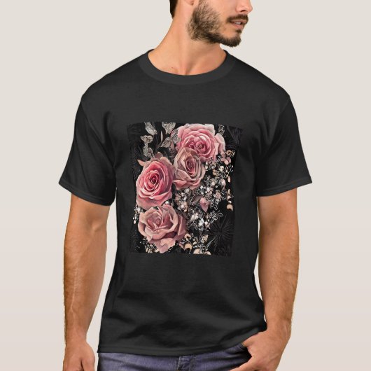 Pale Pink Roses with Delicate Vines Rustic Floral T-shirt (Voorkant)