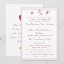 Pale PinkTwo Hearts Catholic Wedding Invitation Kaart