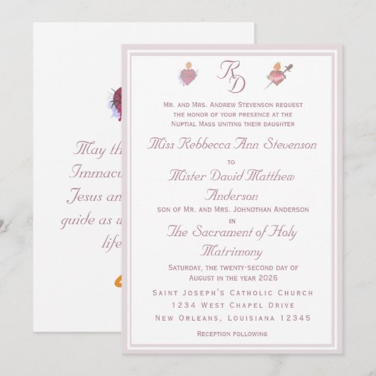 Pale PinkTwo Hearts Catholic Wedding Invitation Kaart (Voorkant / Achterkant)
