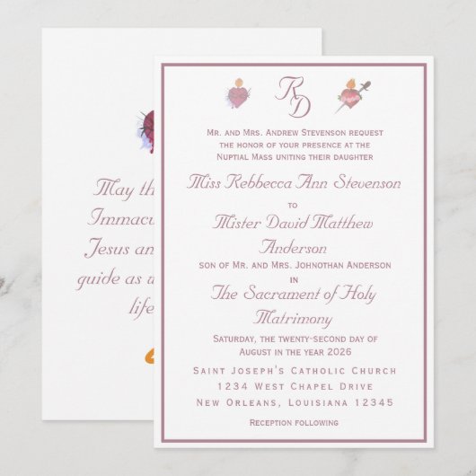 Pale PinkTwo Hearts Catholic Wedding Invitation Kaart (Voorkant / Achterkant)