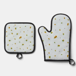 Pale Sky Japanese Sunflower Floral Pattern Ovenwant & Pannenlap Set